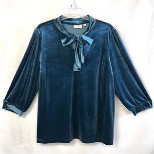 QVC Belle By Kim Gravel Teal Velvet 3/4 Sleeve Bow Neck Top / 3XL